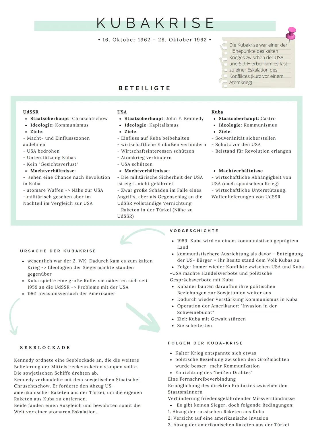 # KUBAKRISE
* 16. Oktober 1962 - 28. Oktober 1962 *
Die Kubakrise war einer der Höhepunkte des kalten Krieges zwischen der USA und SU. Hie