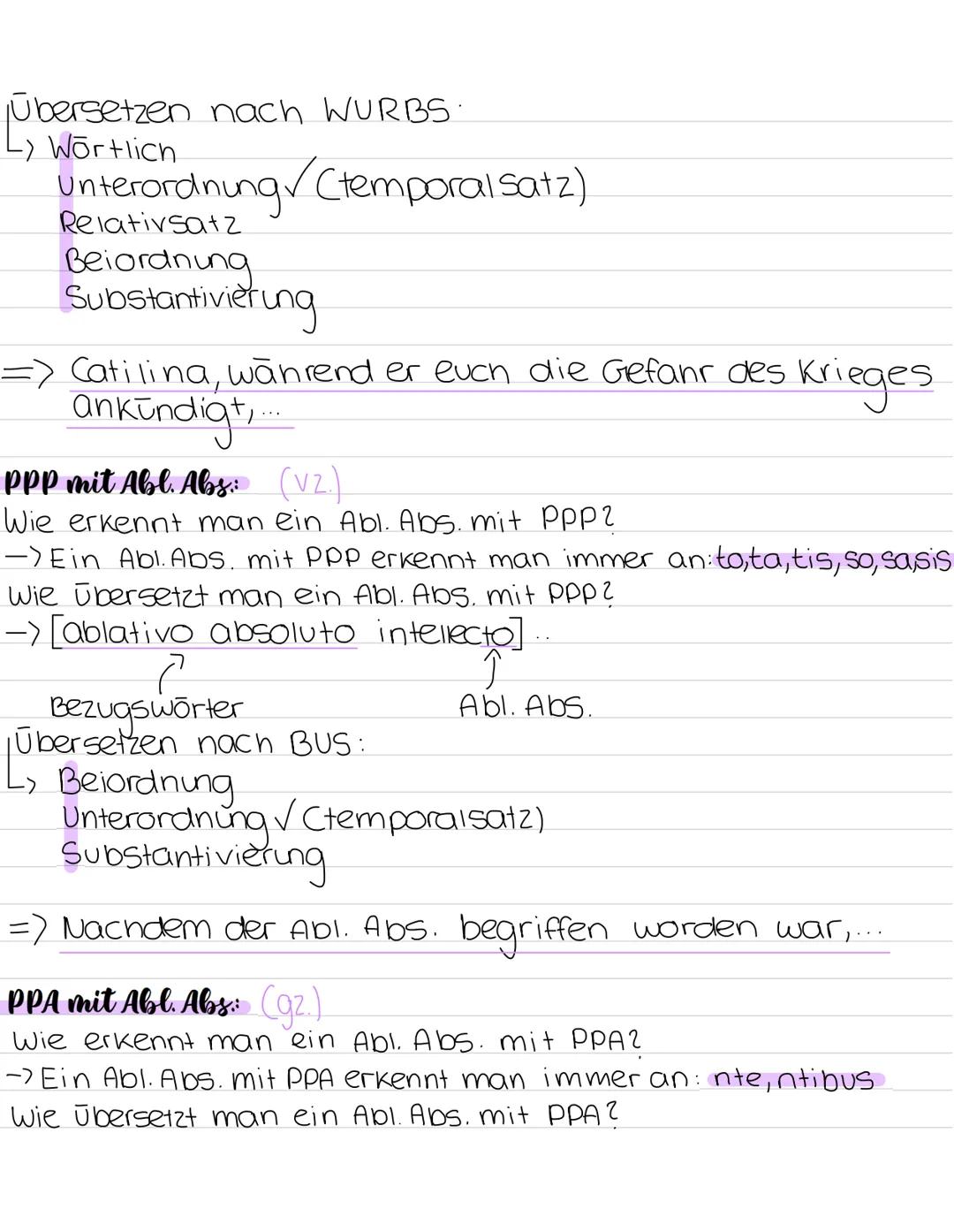 # Participium Conjunctum
## PPP (Partizip Perfekt Passiv):
Wie erkennt man ein PPP?
→ Ein PPP erkennt man immer an: tus,ta,tum,sus,sa,sum
W