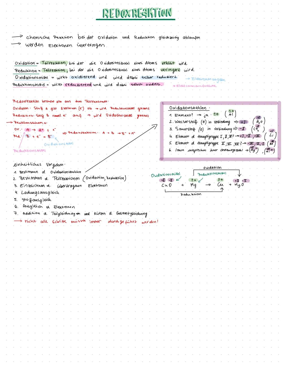 # REDOXRESKTION
- chemische Reaktion bei der oxidation und Reduktion gleichzeitig ablaufen
- werden Elektronen übertragen
Oxidation Teilre