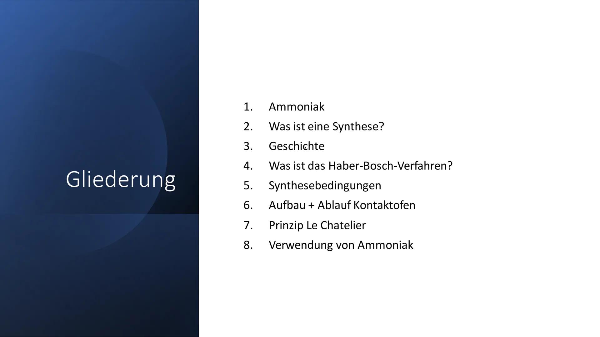# Ammoniaksynthese
Das Haber-Bosch-Verfahren 1. Ammoniak
2. Was ist eine Synthese?
3. Geschichte
4. Was ist das Haber-Bosch-Verfahren?
5. S
