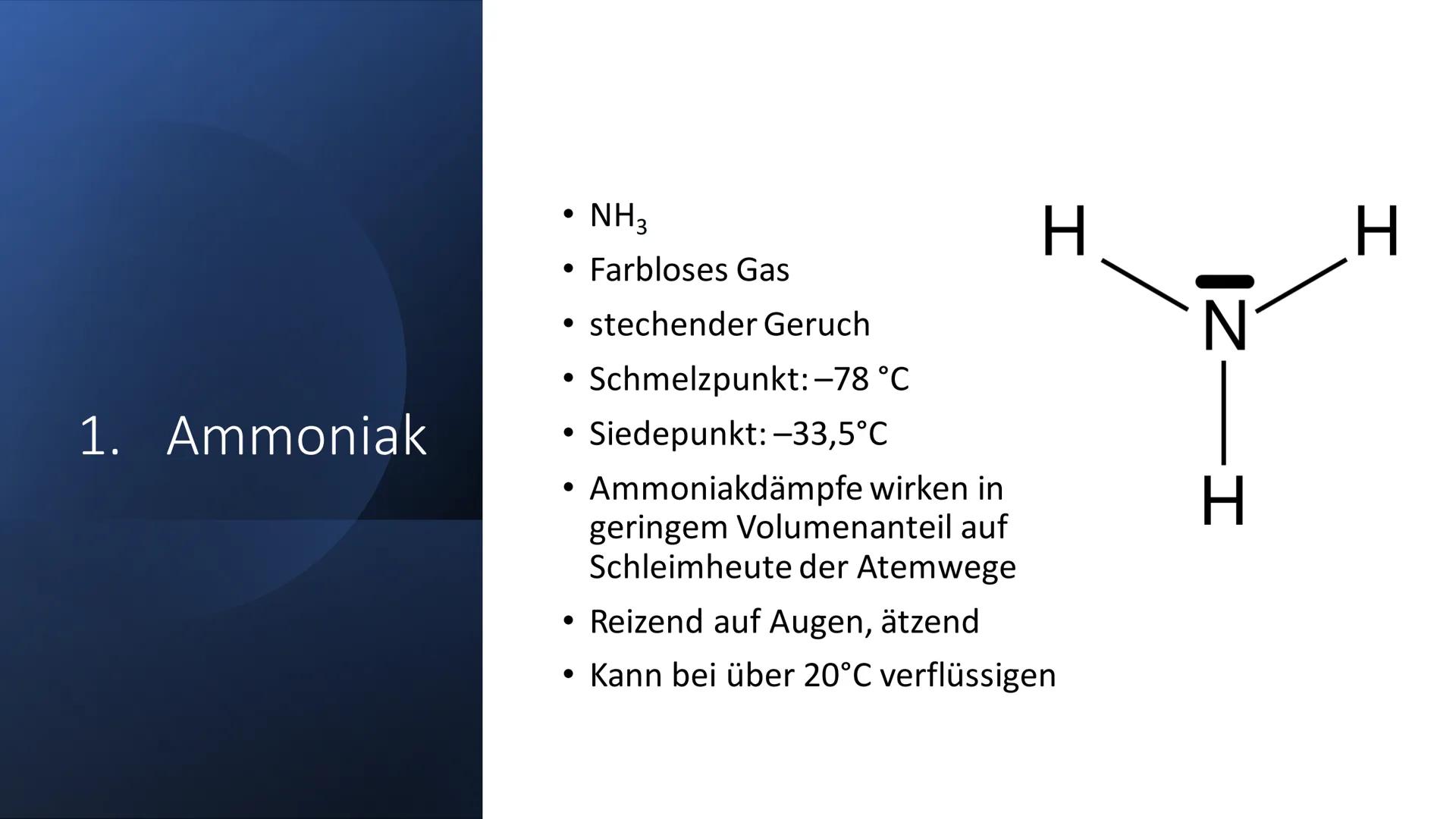 # Ammoniaksynthese
Das Haber-Bosch-Verfahren 1. Ammoniak
2. Was ist eine Synthese?
3. Geschichte
4. Was ist das Haber-Bosch-Verfahren?
5. S