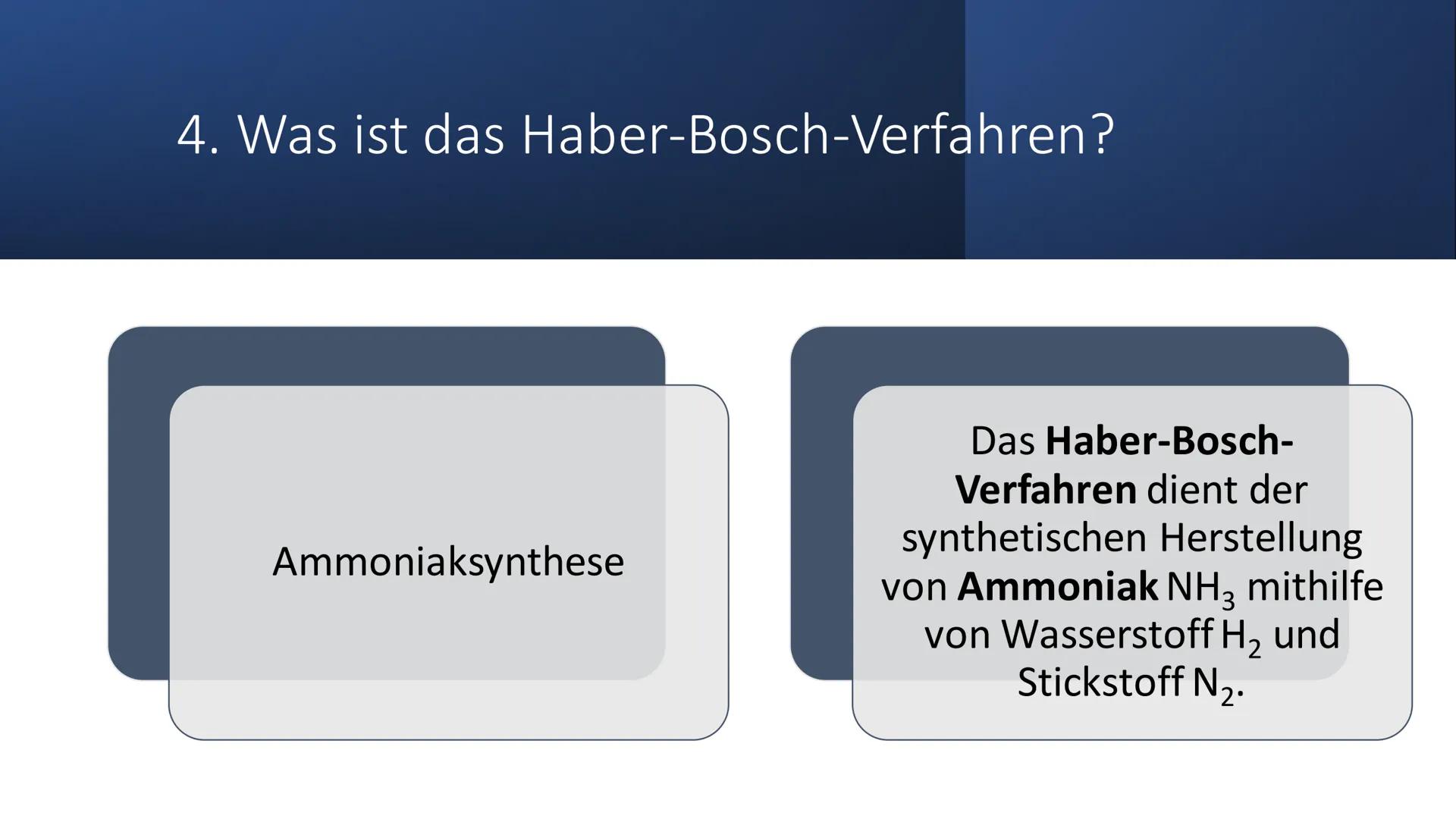 # Ammoniaksynthese
Das Haber-Bosch-Verfahren 1. Ammoniak
2. Was ist eine Synthese?
3. Geschichte
4. Was ist das Haber-Bosch-Verfahren?
5. S