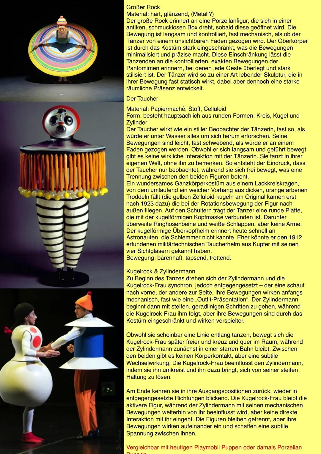 # Triadisches Ballett
Analyse:
Raum-Körper-Bewegung
Fühlen wir bei seinen Figuren das was er will?
Material, andere Größen, Farben, Bewegun