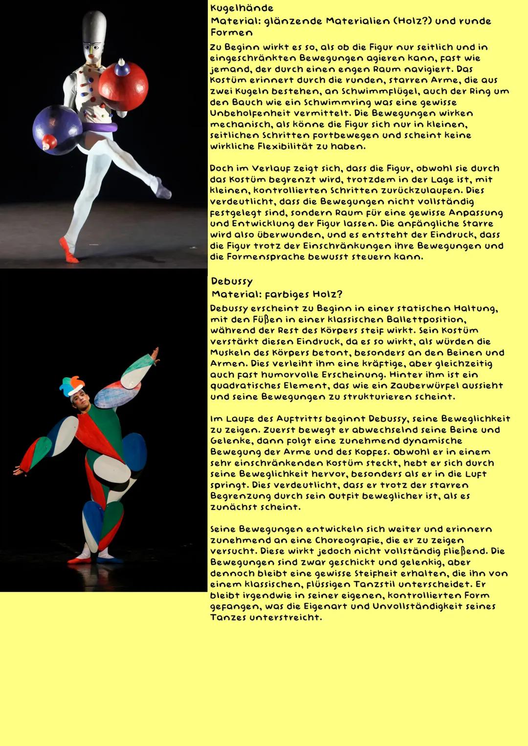 # Triadisches Ballett
Analyse:
Raum-Körper-Bewegung
Fühlen wir bei seinen Figuren das was er will?
Material, andere Größen, Farben, Bewegun