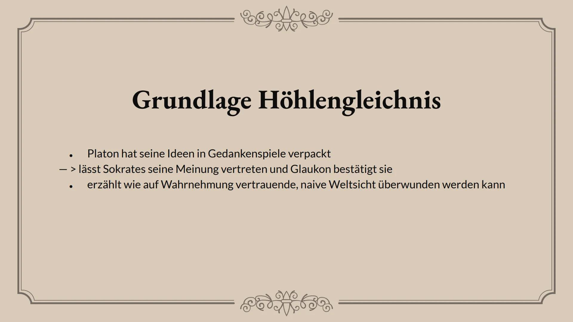 # Das
# Höhlengleichnis
Platon # Gliederung
01.
Wer war Platon ?
02.
Beschreibung
03.
Bedeutung
04.
Beispiel
05.
Abschlussfrage