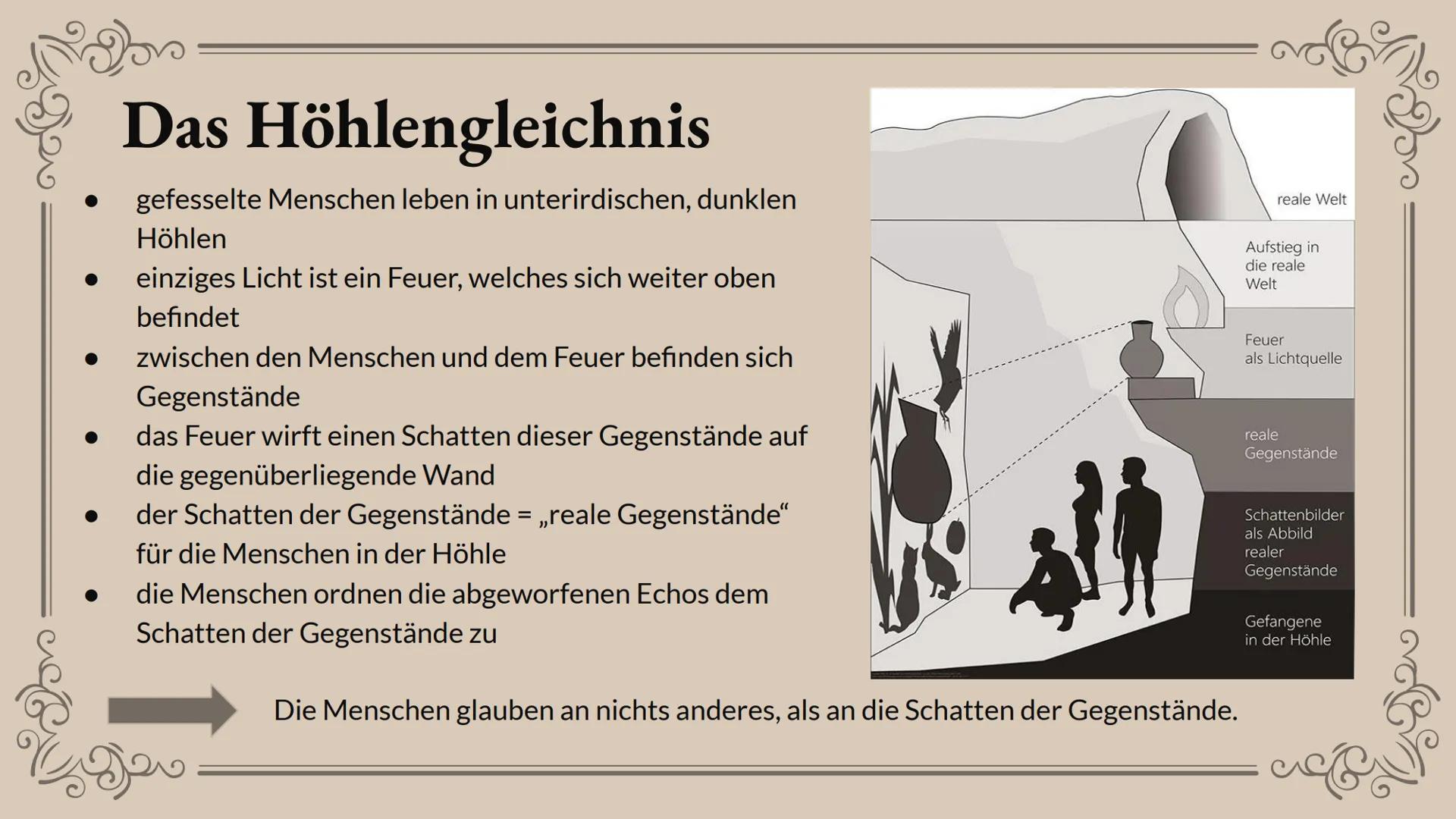# Das
# Höhlengleichnis
Platon # Gliederung
01.
Wer war Platon ?
02.
Beschreibung
03.
Bedeutung
04.
Beispiel
05.
Abschlussfrage