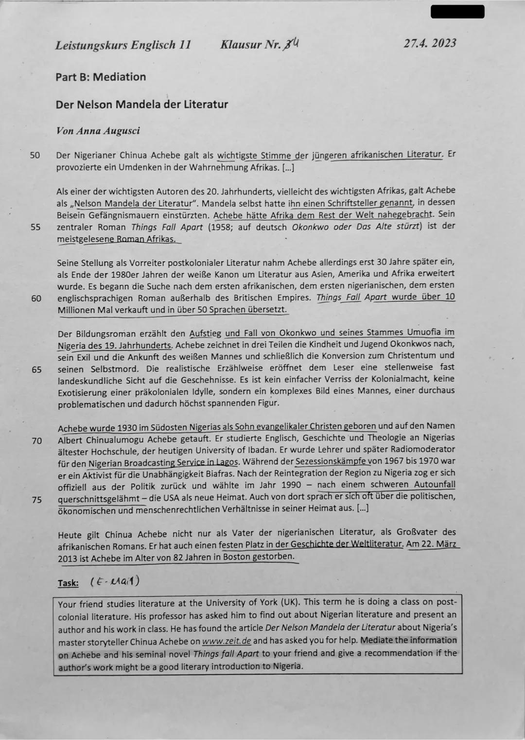 Leistungskurs Englisch 11
Klausur Nr. 4
27.4.2023
Part B: Mediation
Der Nelson Mandela der Literatur
Von Anna Augusci
50 Der Nigerianer