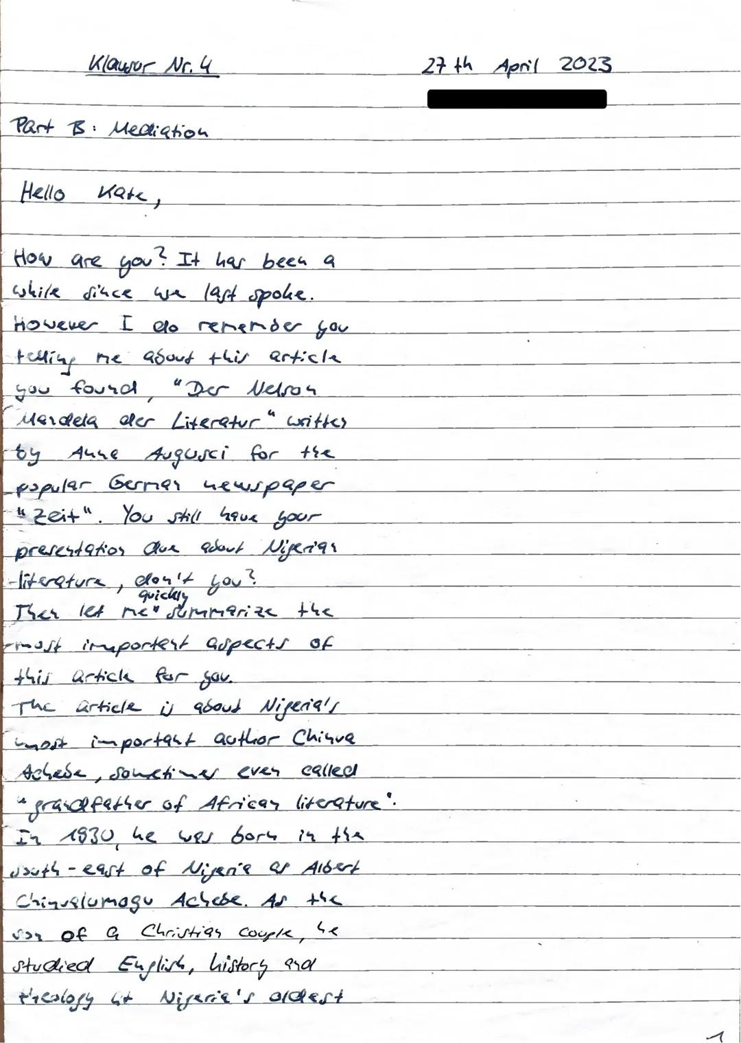 Leistungskurs Englisch 11
Klausur Nr. 4
27.4.2023
Part B: Mediation
Der Nelson Mandela der Literatur
Von Anna Augusci
50 Der Nigerianer