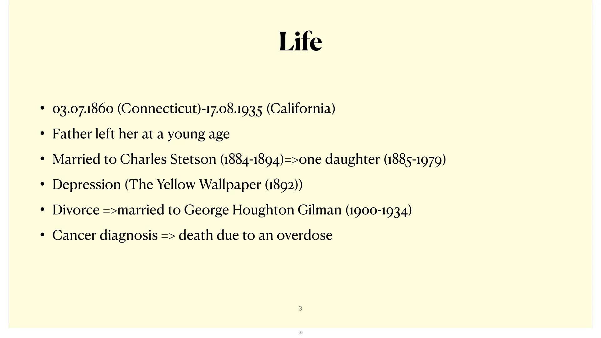 # The yellow wallpaper
Charlotte Perkins Gilman
Luisa Suhrig, English Advanced Course # Structure
• Life
• Condition and treatment
• "Why