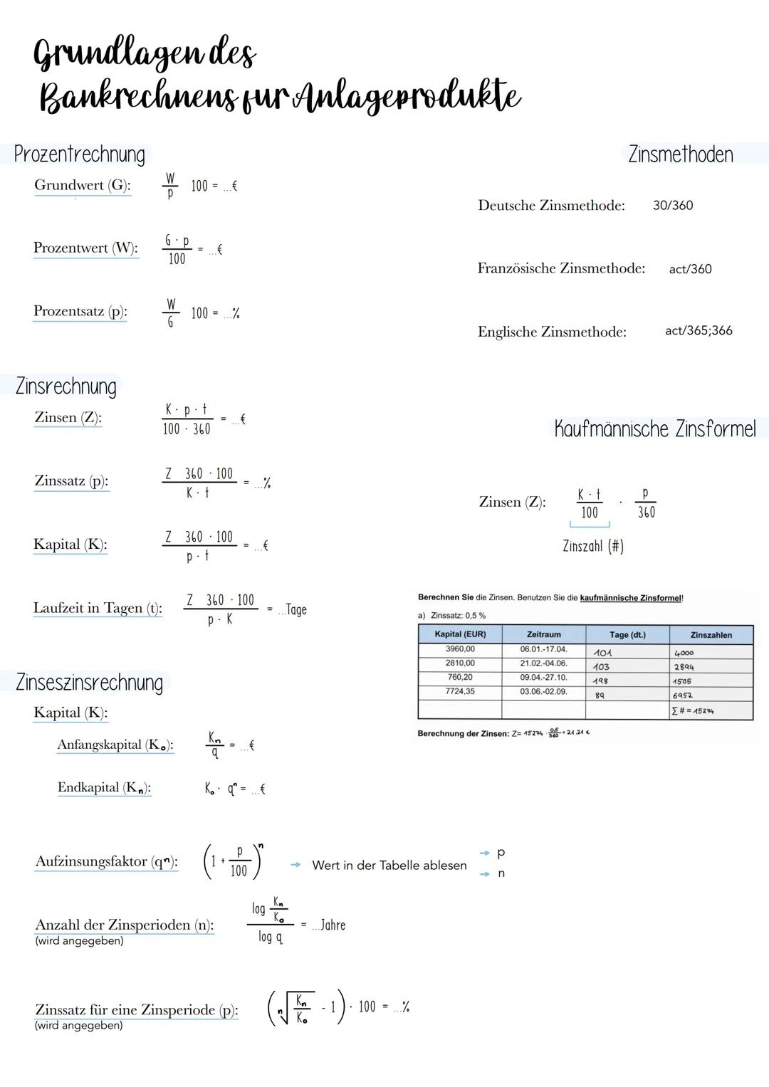 # Grundlagen des
# Bankrechnens für Anlageprodukte
## Prozentrechnung
Grundwert (G): $ \frac{W}{p} \cdot 100 = ... € $
Prozentwert (W):