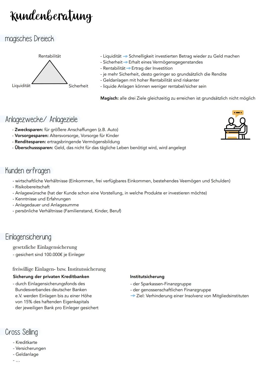 # Kundenberatung
magisches Dreieck
Liquidität  Rentabilität  Sicherheit
- Liquidität → Schnelligkeit investierten Betrag wieder zu Geld m