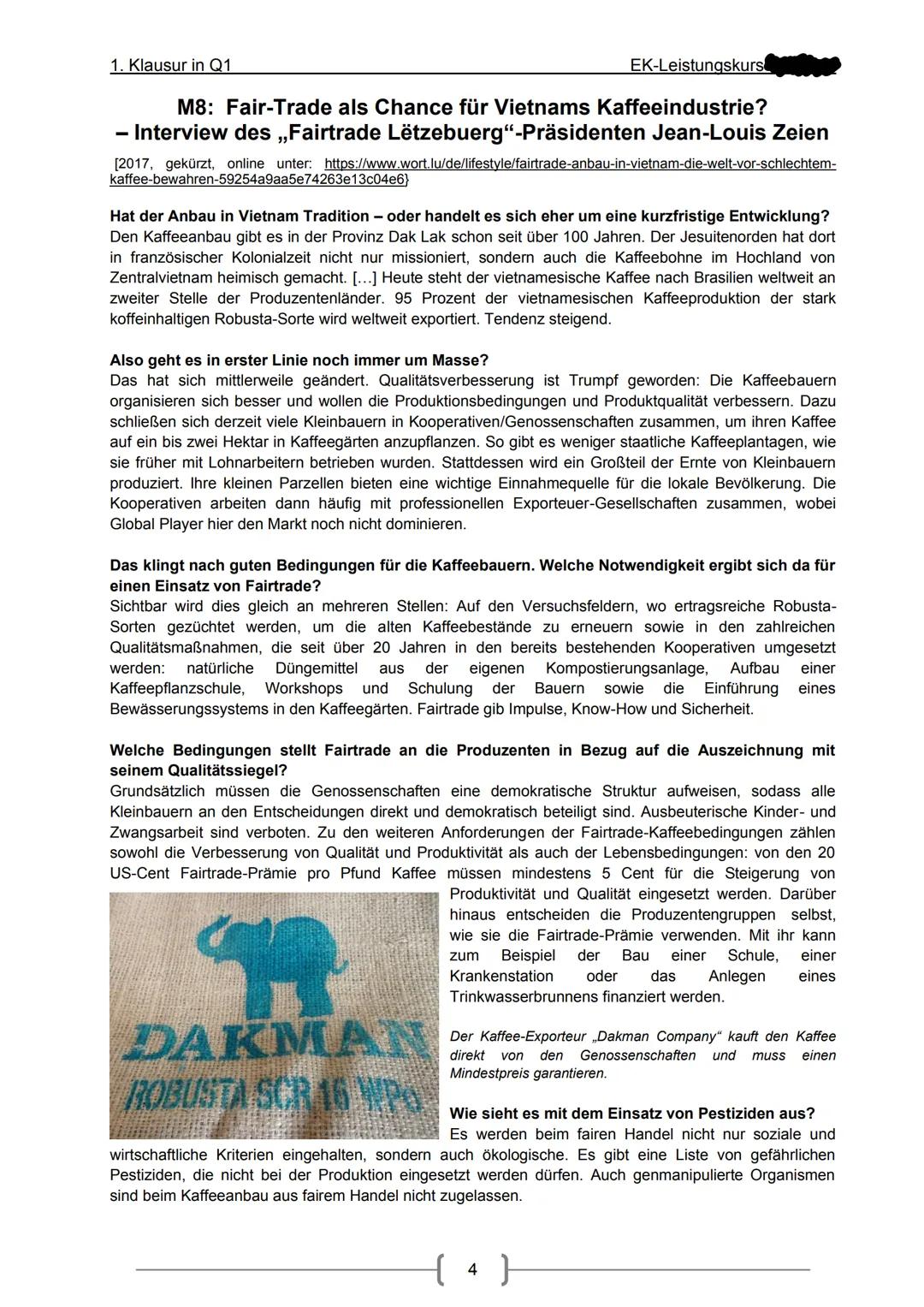 # 1. Klausur in Q1
EK-Leistungskurs
# Thema Strukturen und Prozesse landwirtschaftlicher Produktion
im globalen Wettbewerb – Kaffeeanbau i