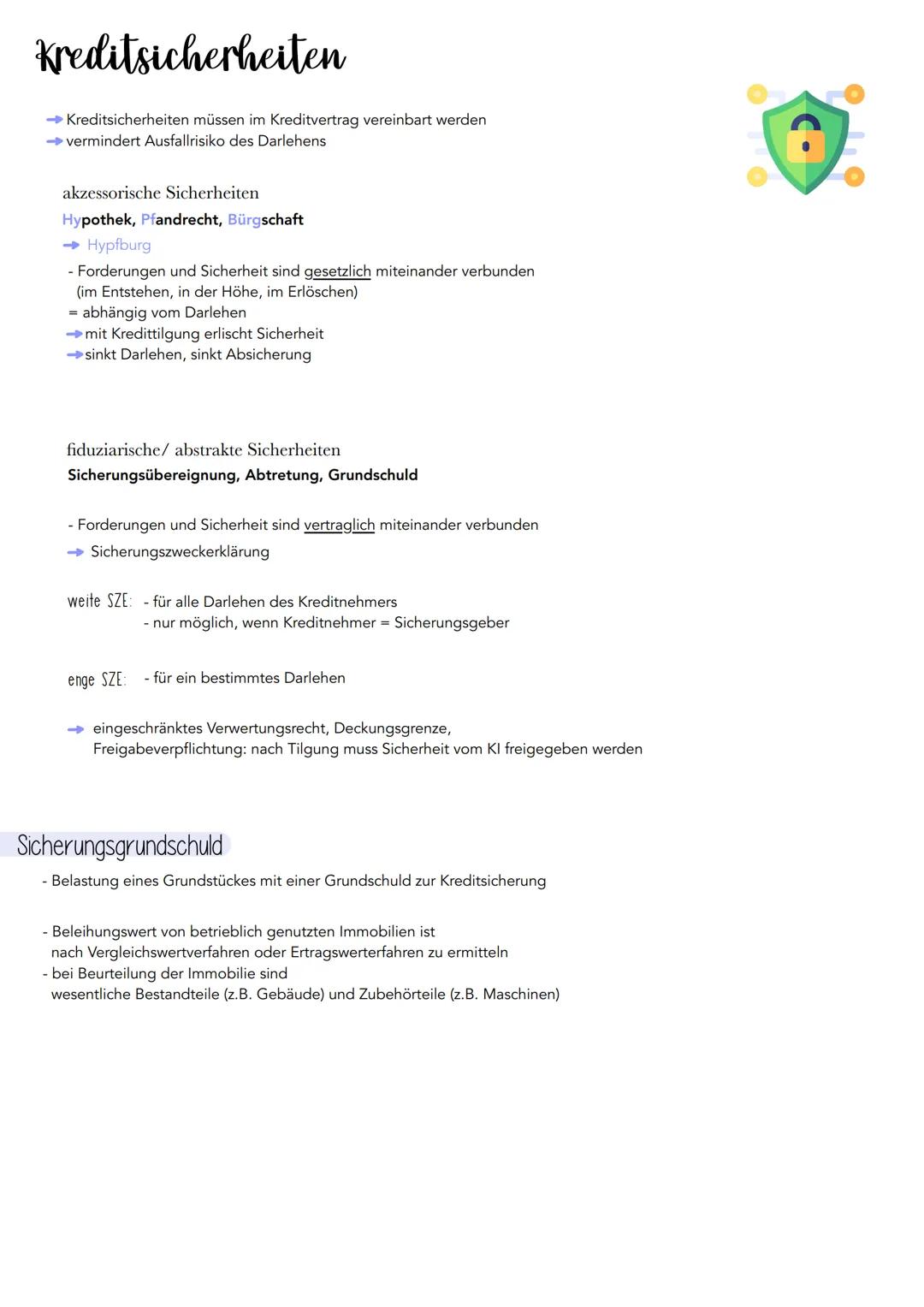# Kreditsicherheiten
- Kreditsicherheiten müssen im Kreditvertrag vereinbart werden
- vermindert Ausfallrisiko des Darlehens
akzessorische