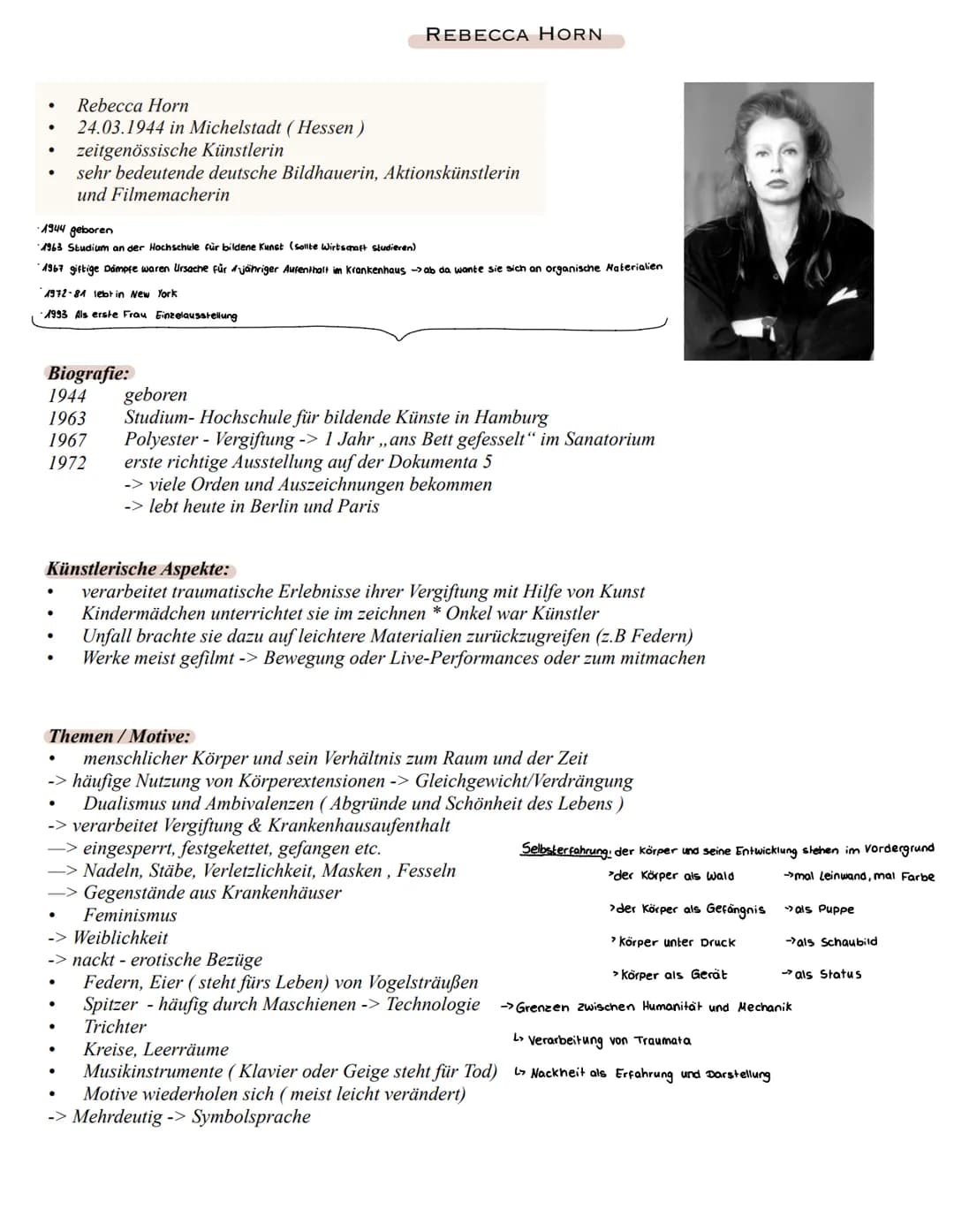 # REBECCA HORN
* Rebecca Horn
* 24.03.1944 in Michelstadt (Hessen)
* zeitgenössische Künstlerin
* sehr bedeutende deutsche Bildhaue
