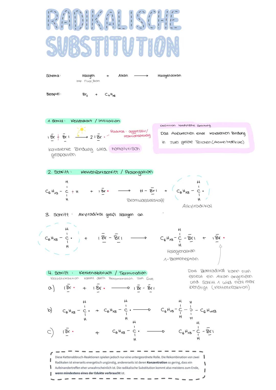 # RADIKALISCHE
SUBSTITUTION
Schema:
Halogen
bsp. Fluor, Brom
+
Αικαπ
→
Halogenalkan
Beispiel:
Br₂
+
C₆H₁₄
1. Schritt: Kettenstar