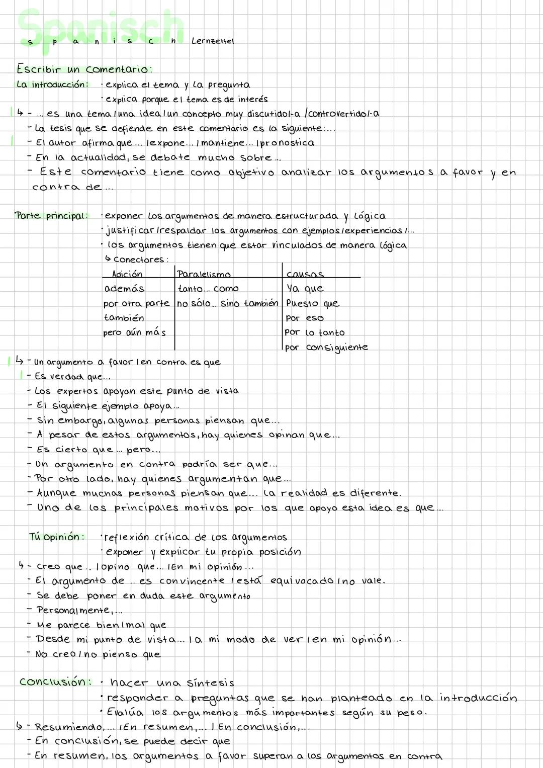 # S p a n i s c h Lernzettel
Escribir un comentario:
La introducción: * explica el tema y la pregunta
* explica porque el tema es de inte