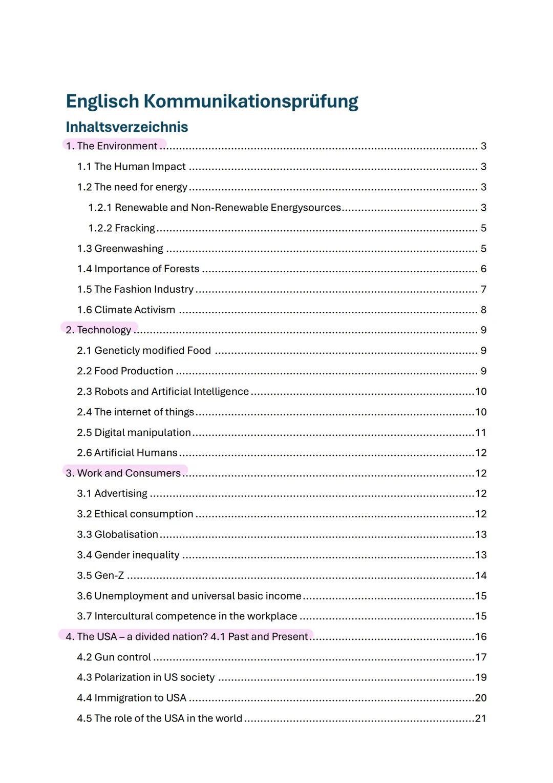 # Englisch Kommunikationsprüfung
Inhaltsverzeichnis
1. The Environment ...................................................................