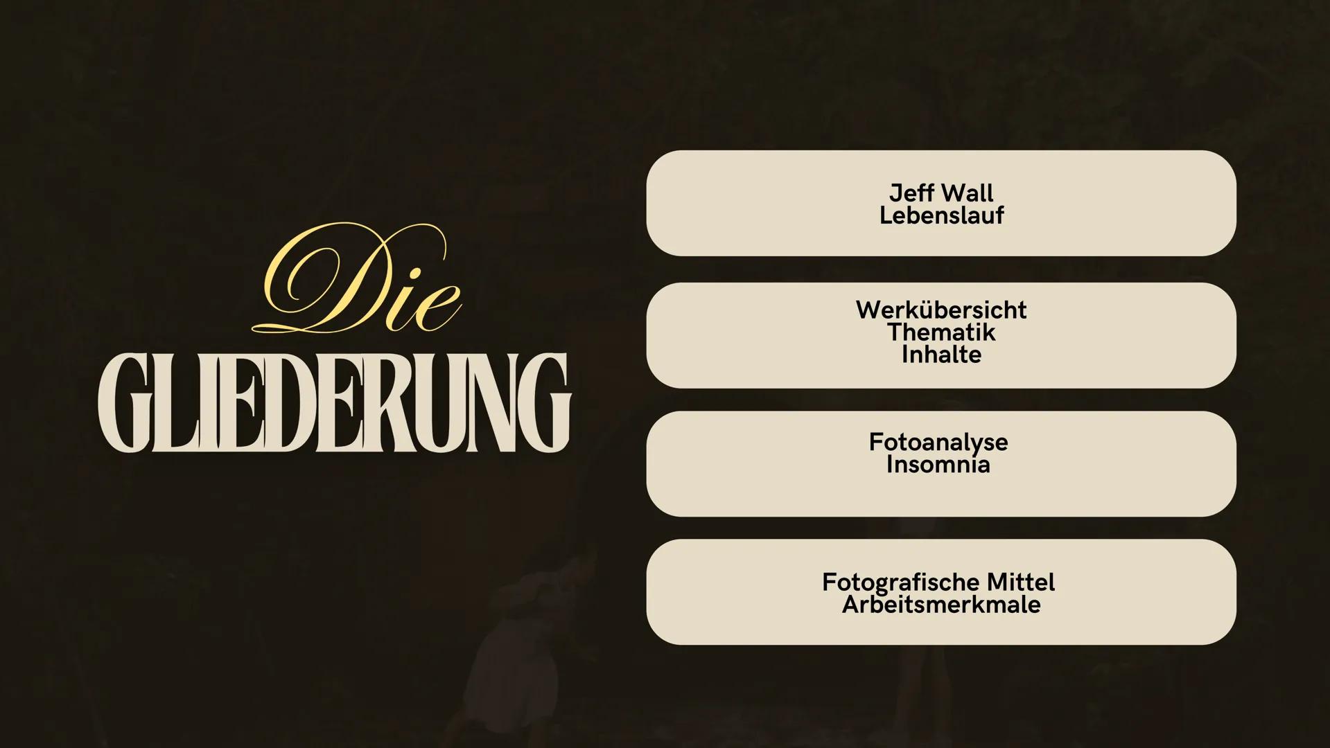 # exploring
# JEFF WALL
INZINIERTE FOTOGRAFIE # Die GLIEDERUNG
- Jeff Wall
Lebenslauf
- Werkübersicht
Thematik
Inhalte
- Fotoanalyse
In