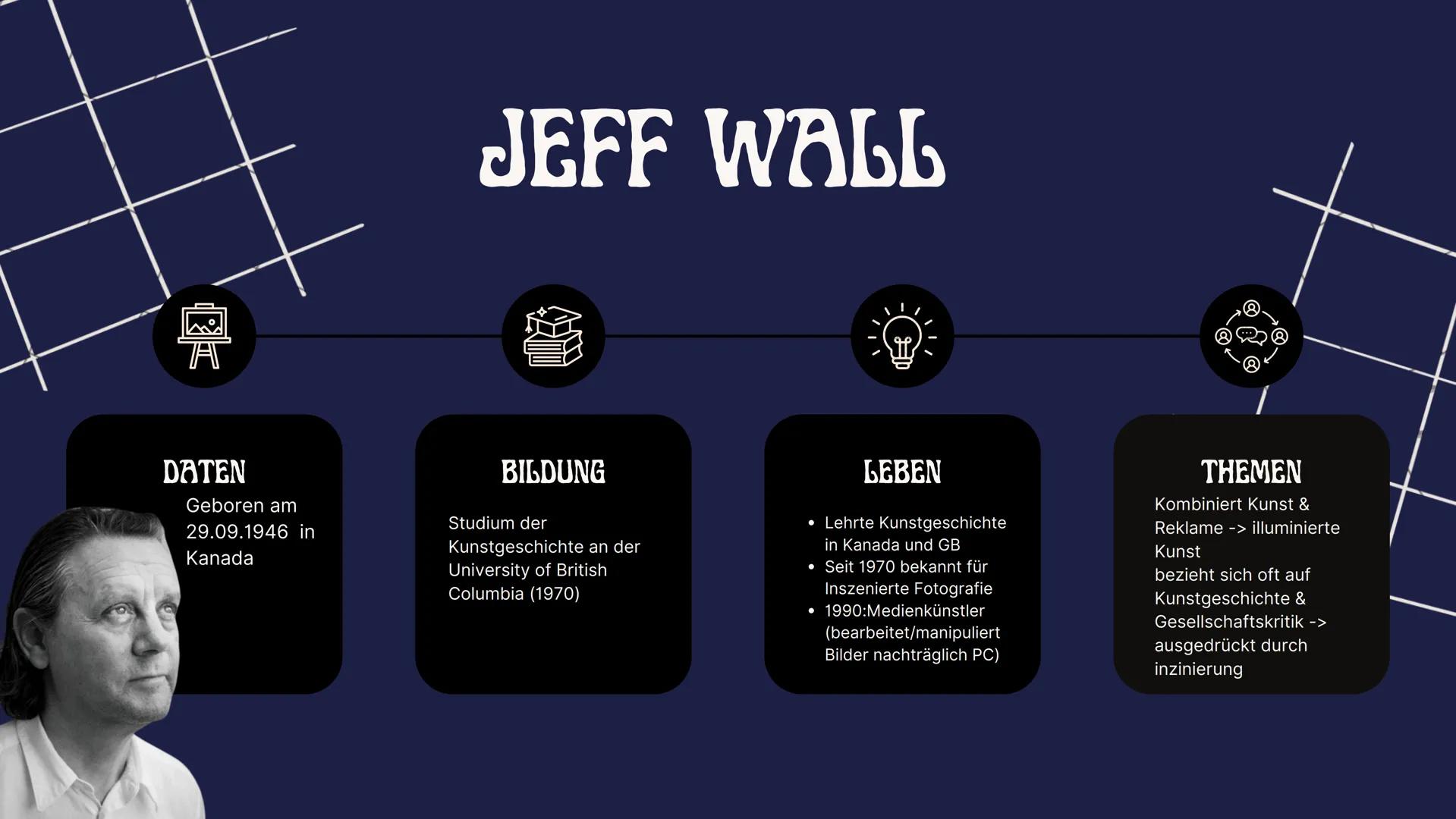 # exploring
# JEFF WALL
INZINIERTE FOTOGRAFIE # Die GLIEDERUNG
- Jeff Wall
Lebenslauf
- Werkübersicht
Thematik
Inhalte
- Fotoanalyse
In