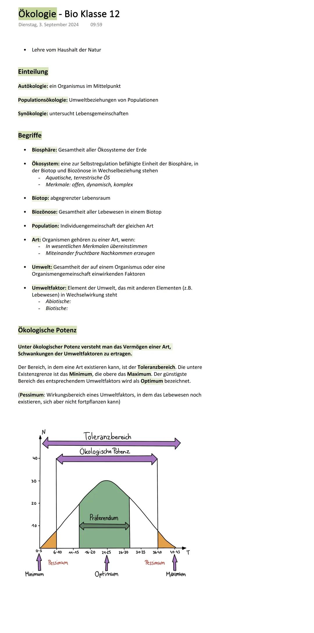 # Ökologie - Bio Klasse 12
Dienstag, 3. September 2024 09:59
Lehre vom Haushalt der Natur
Einteilung
Autökologie: ein Organismus im Mitt