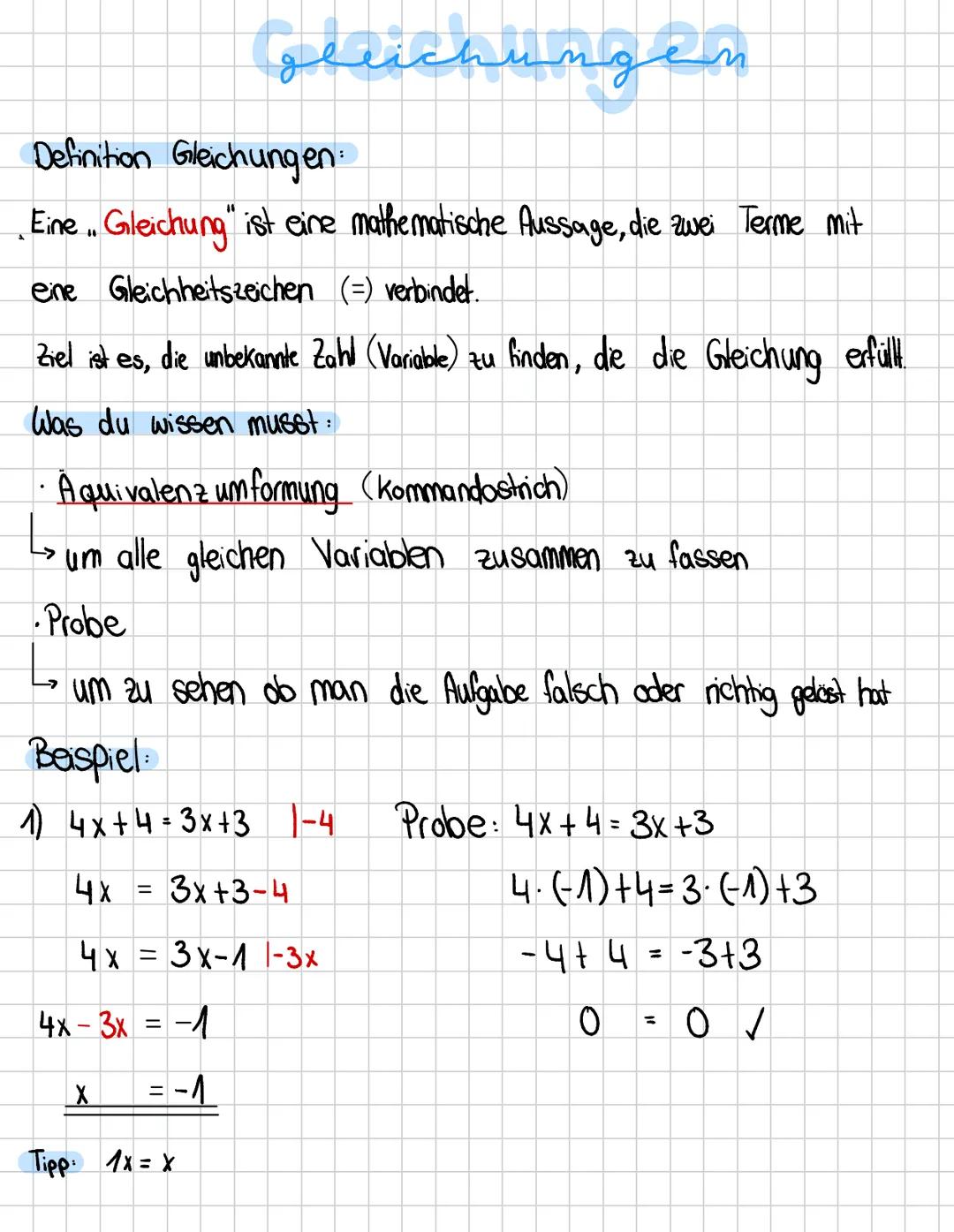 # Gleichungen
Definition Gleichungen:
Eine... Gleichung" ist eine mathematische Aussage, die zwei Terme mit
eine Gleichheitszeichen (=) ve