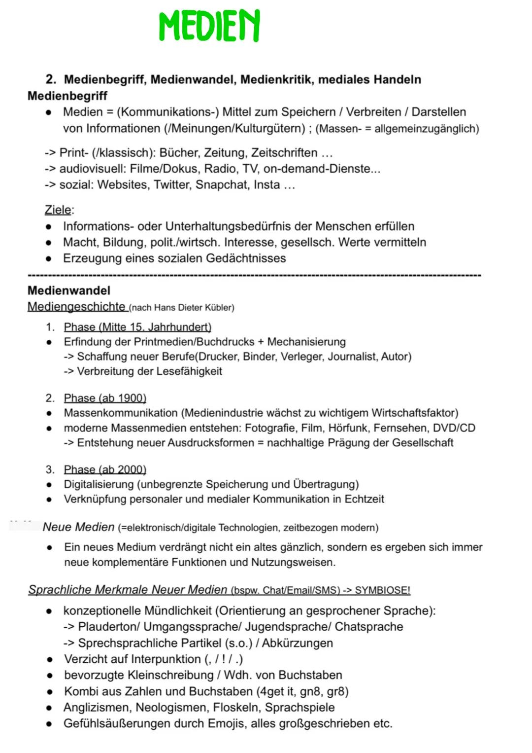 Medien # MEDIEN
2. Medienbegriff, Medienwandel, Medienkritik, mediales Handeln
**Medienbegriff**
* Medien = (Kommunikations-) Mittel zum S