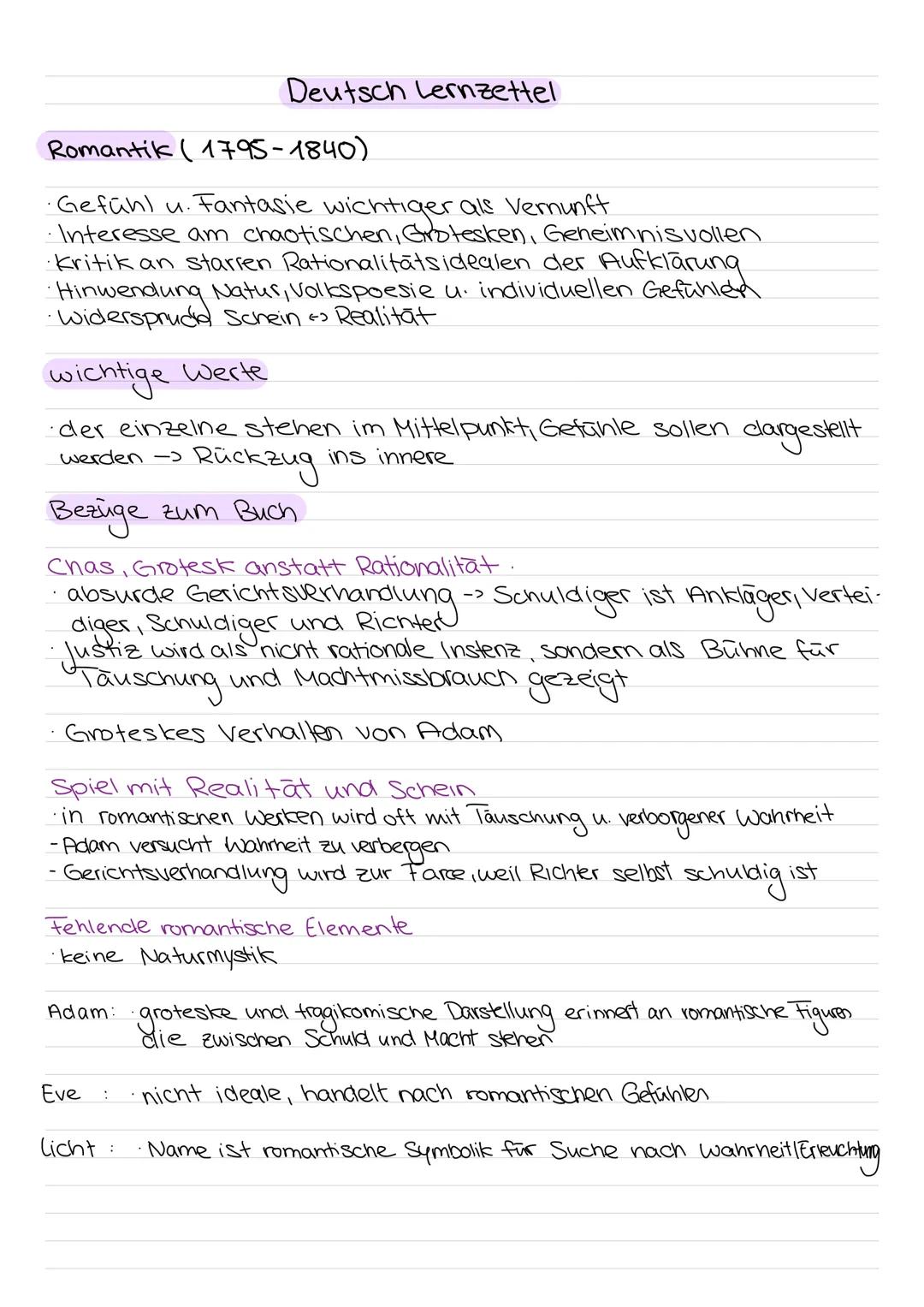 # Deutsch Lernzettel
# Romantik (1795 - 1840)
- Gefühl u. Fantasie wichtiger als Vernunft
- Interesse am chaotischen, Grotesken, Geheimnis