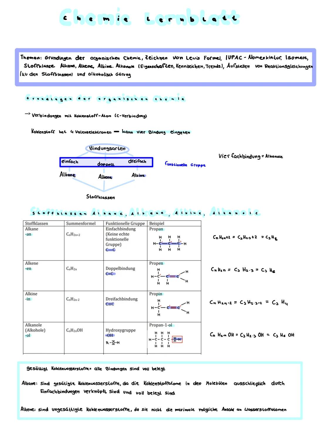 Alkane, Alkene, Alkine und Alkanole