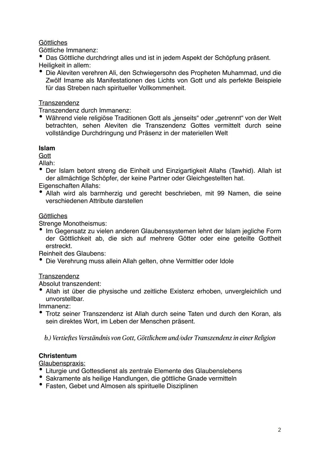 # Religion
1. Verständnis von Gott, Göttlichem und Transzendenz
a.) Grundlegendes Verständnis von Gott, Göttlichem und/oder Transzendenz i
