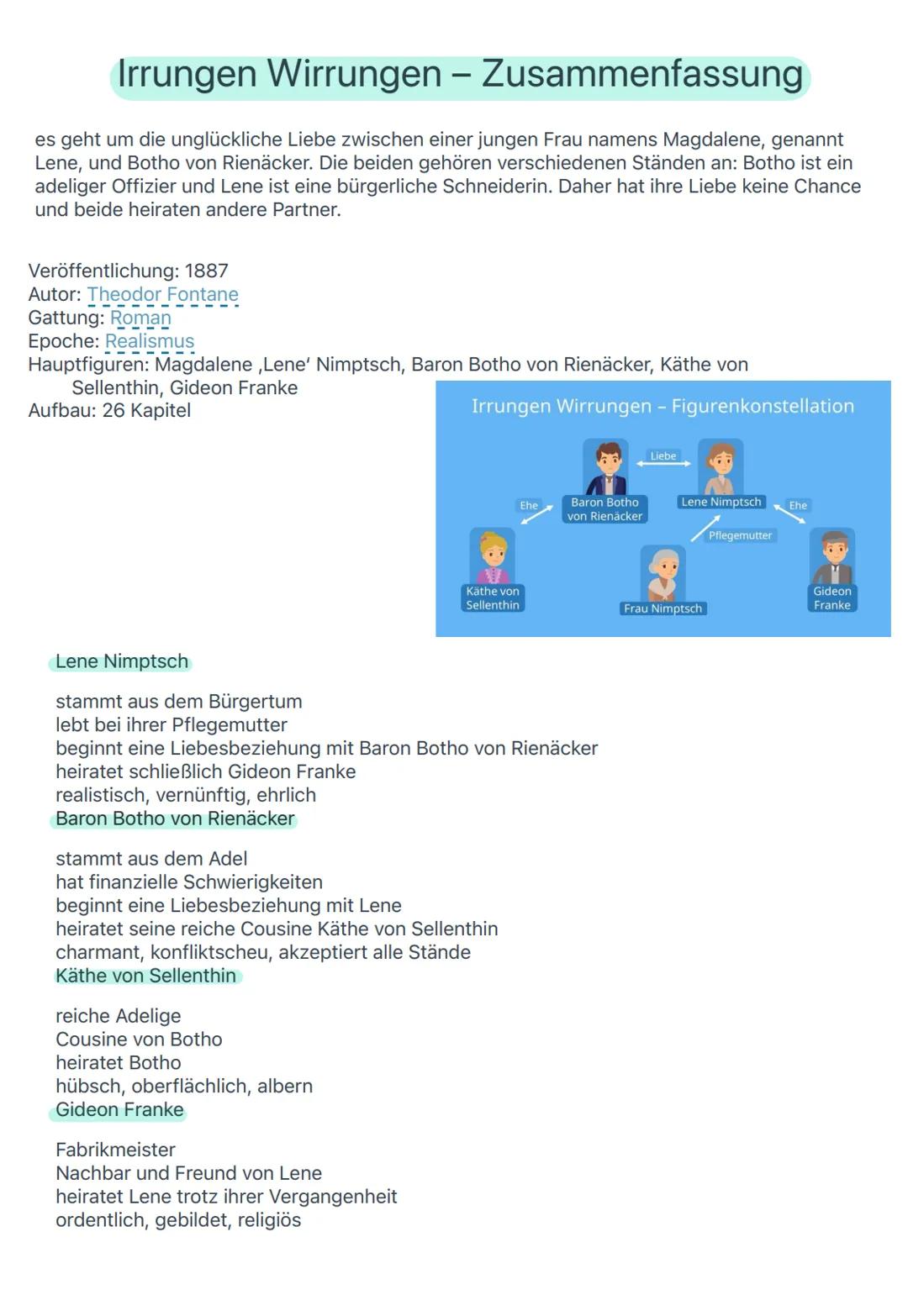 Irrungen Wirrungen - Zusammenfassung
es geht um die unglückliche Liebe zwischen einer jungen Frau namens Magdalene, genannt
Lene, und Botho