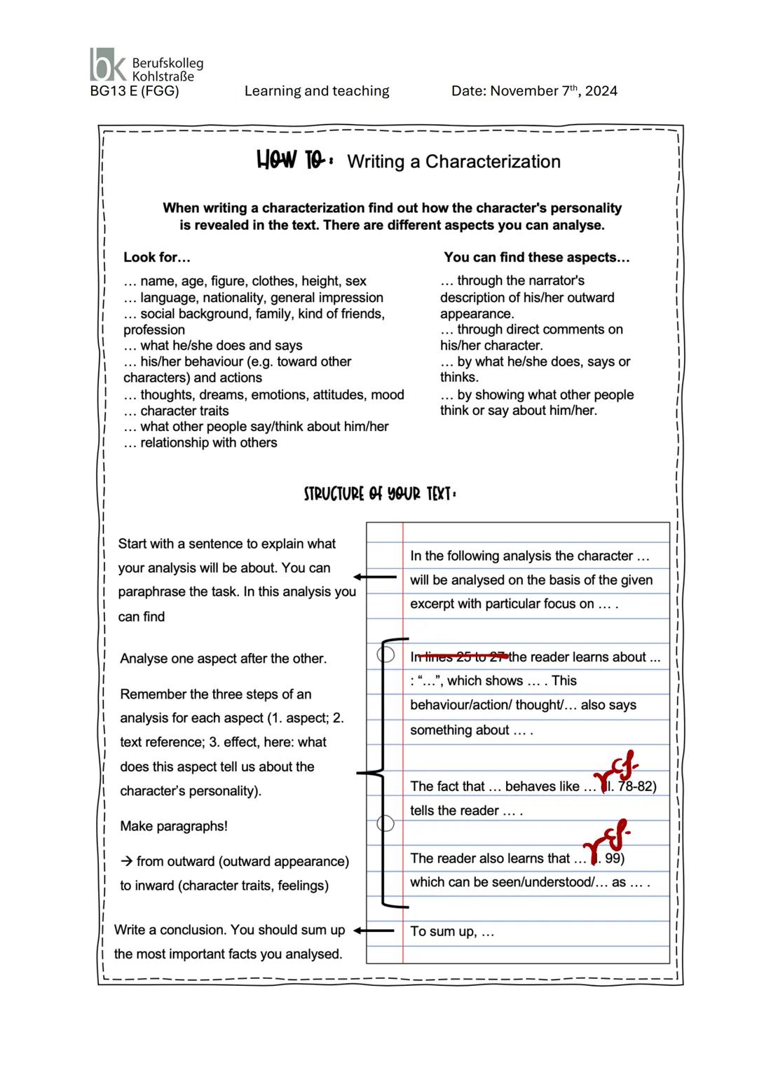 # Berufskolleg
Kohlstraße
BG13 E (FGG)
Learning and teaching
Date: November 7th, 2024
# WRITING A CHARACTERIZATION
DEFINITION
A chara