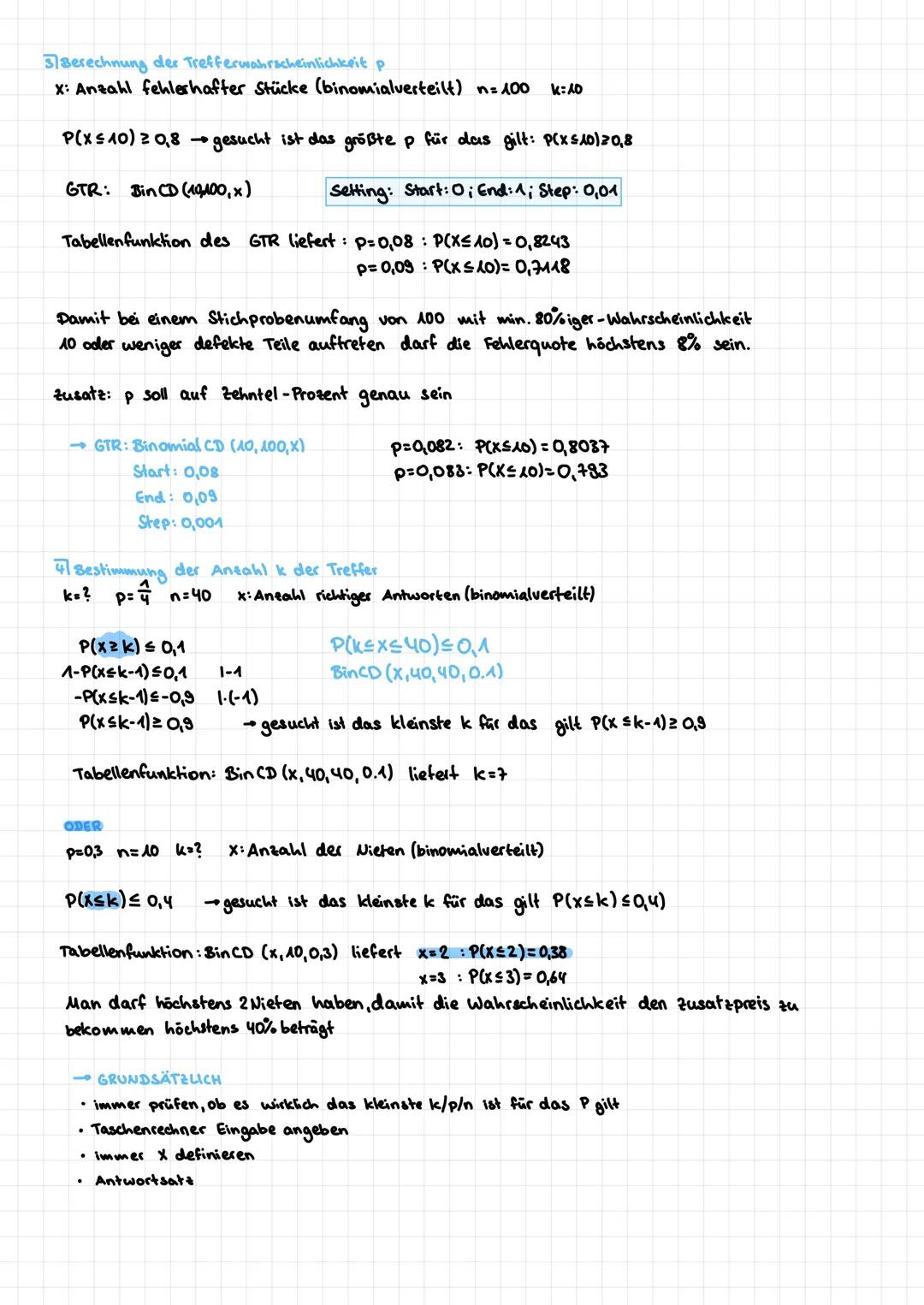 # Berechnung der Trefferwahrscheinlichkeit p
x: Anzahl fehlerhafter Stücke (binomialverteilt)  n=100  k≤10
$P(X≤10) ≥ 0,8$ → gesucht ist d