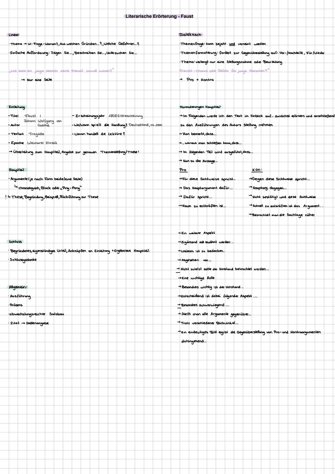 ## Literarische Erörterung - Faust
### Linear
* Thema: W-Frage: Warum?, Aus welchen Gründen...?, welche Gefahren...?
* Einfache Aufforderun