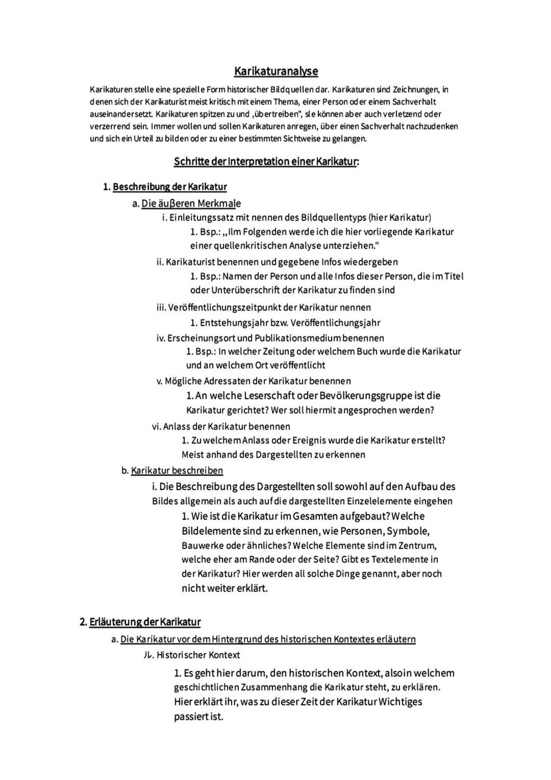 # Karikaturanalyse
Karikaturen stelle eine spezielle Form historischer Bildquellen dar. Karikaturen sind Zeichnungen, in denen sich der Kar