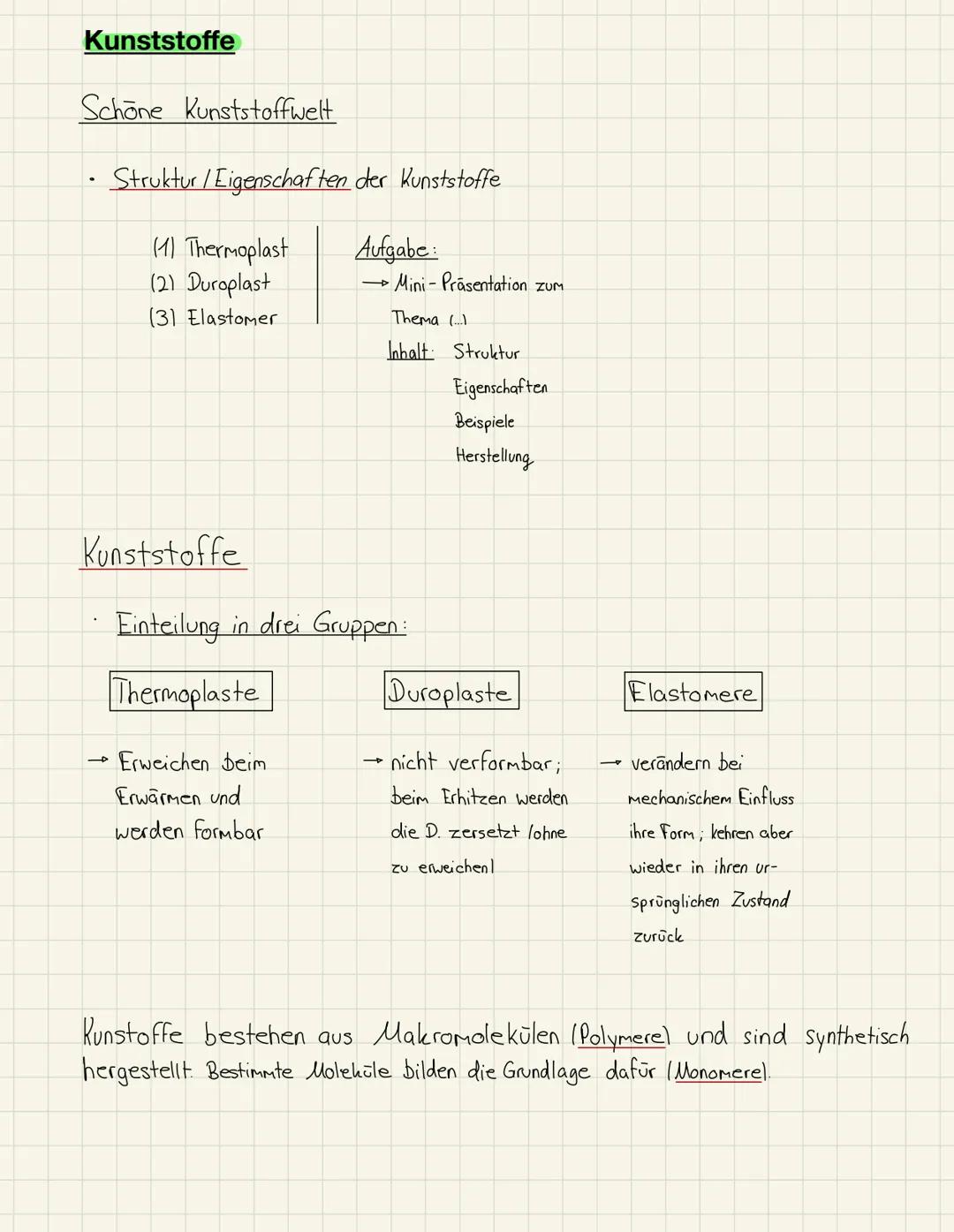 # Kunststoffe
Schöne Kunststoffwelt
* Struktur/ Eigenschaften der Kunststoffe
(1) Thermoplast
(2) Duroplast
(3) Elastomer
Aufgabe: