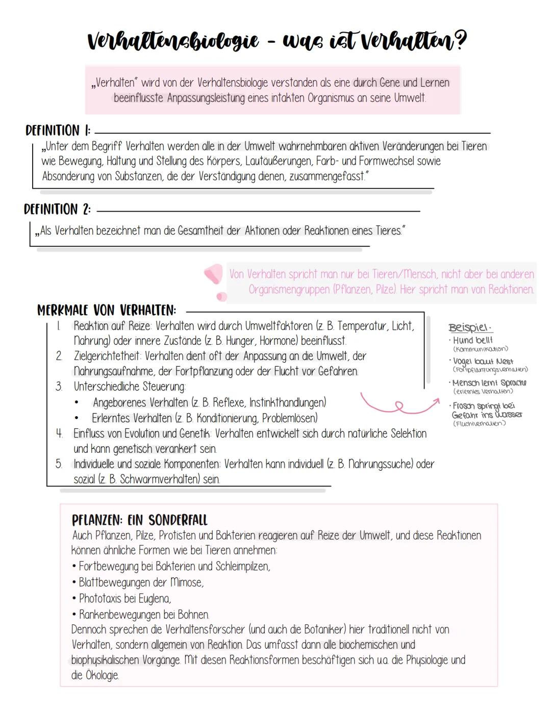 # Verhaltensbiologie - was ist Verhalten?
„Verhalten" wird von der Verhaltensbiologie verstanden als eine durch Gene und Lernen
beeinflusst