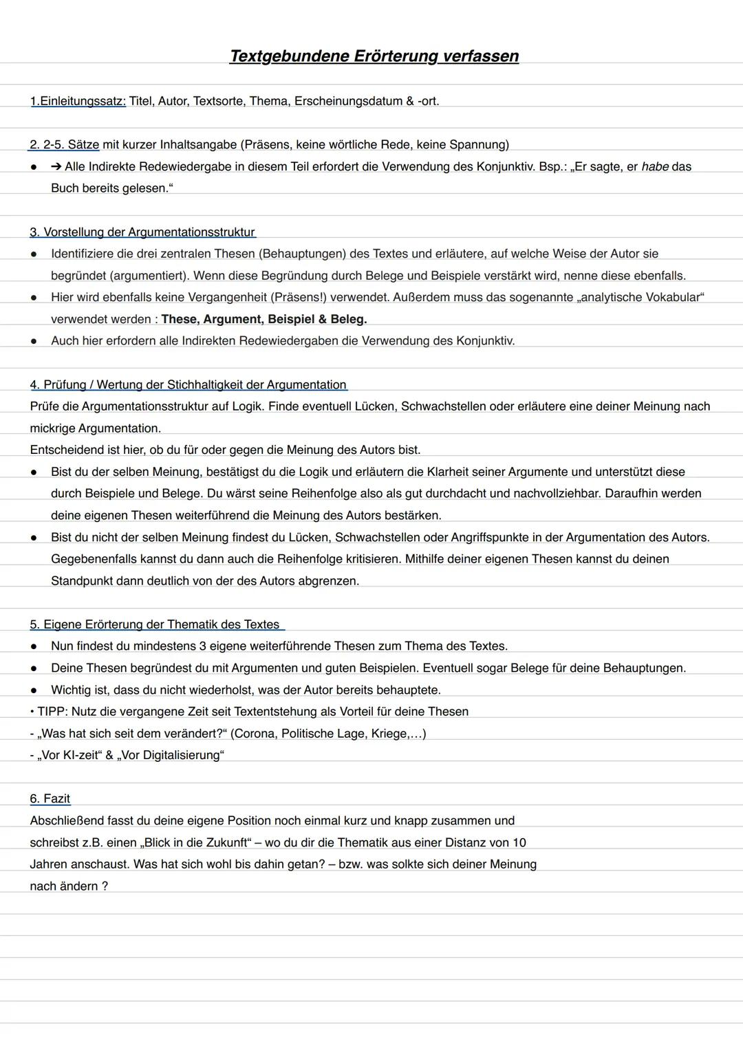 # Textgebundene Erörterung verfassen
1. Einleitungssatz: Titel, Autor, Textsorte, Thema, Erscheinungsdatum & -ort.
2. 2-5. Sätze mit kurze