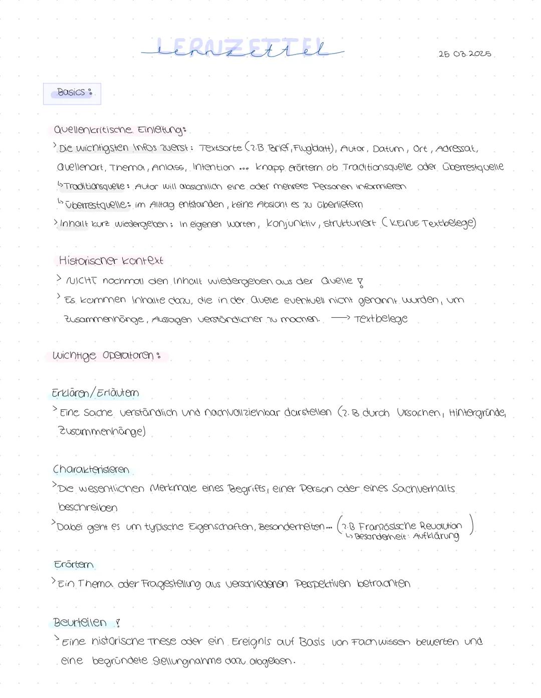 # LERNZETTEL
Basics:
Quellenkritische Einleitung:
>Die wichtigsten Infos zuerst: Textsorte (2.B Brief, Flugblatt), Autor, Datum, ort, Adre