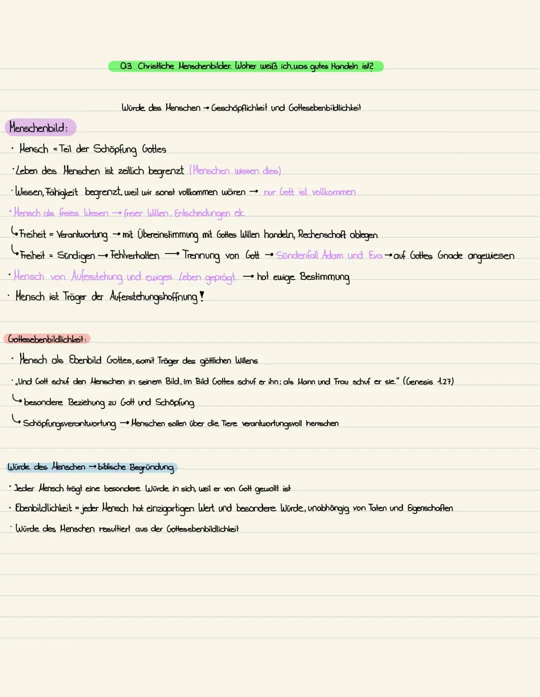 Menschenbild:
03 Christliche Menschenbilder. Woher weiß ich, was gutes Handeln ist?
Würde des Menschen Geschöpflichkeit und Gottesebenbildli