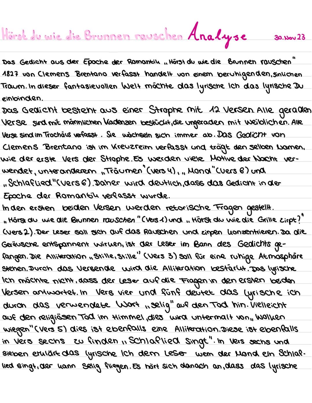 --- OCR Start ---
Hörst du wie die Brunnen rauschen Analyse
30. Nov 23
Das Gedicht aus der Epoche der Romantik, Hörst du wie die Brunnen rau