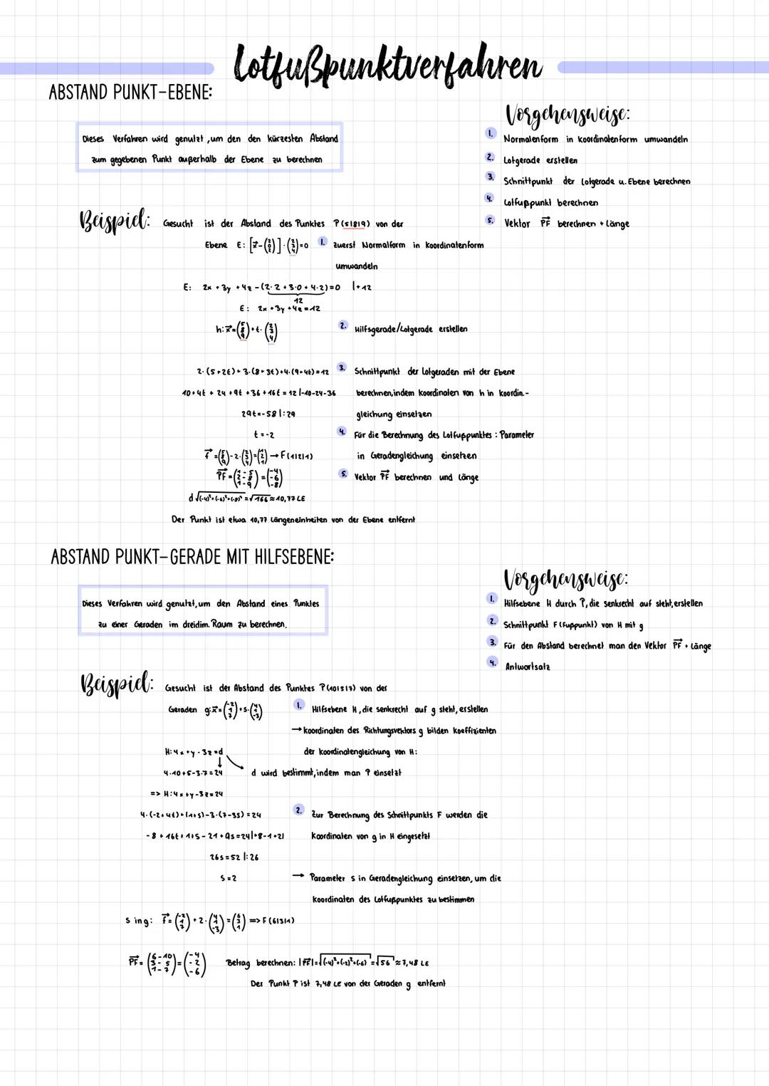 Lotfußpunktverfahren
ABSTAND PUNKT-EBENE:
Dieses Verfahren wird genulat, um den den kürzesten Abstand
zum gegebenen Punkt außerhalb der Ebe