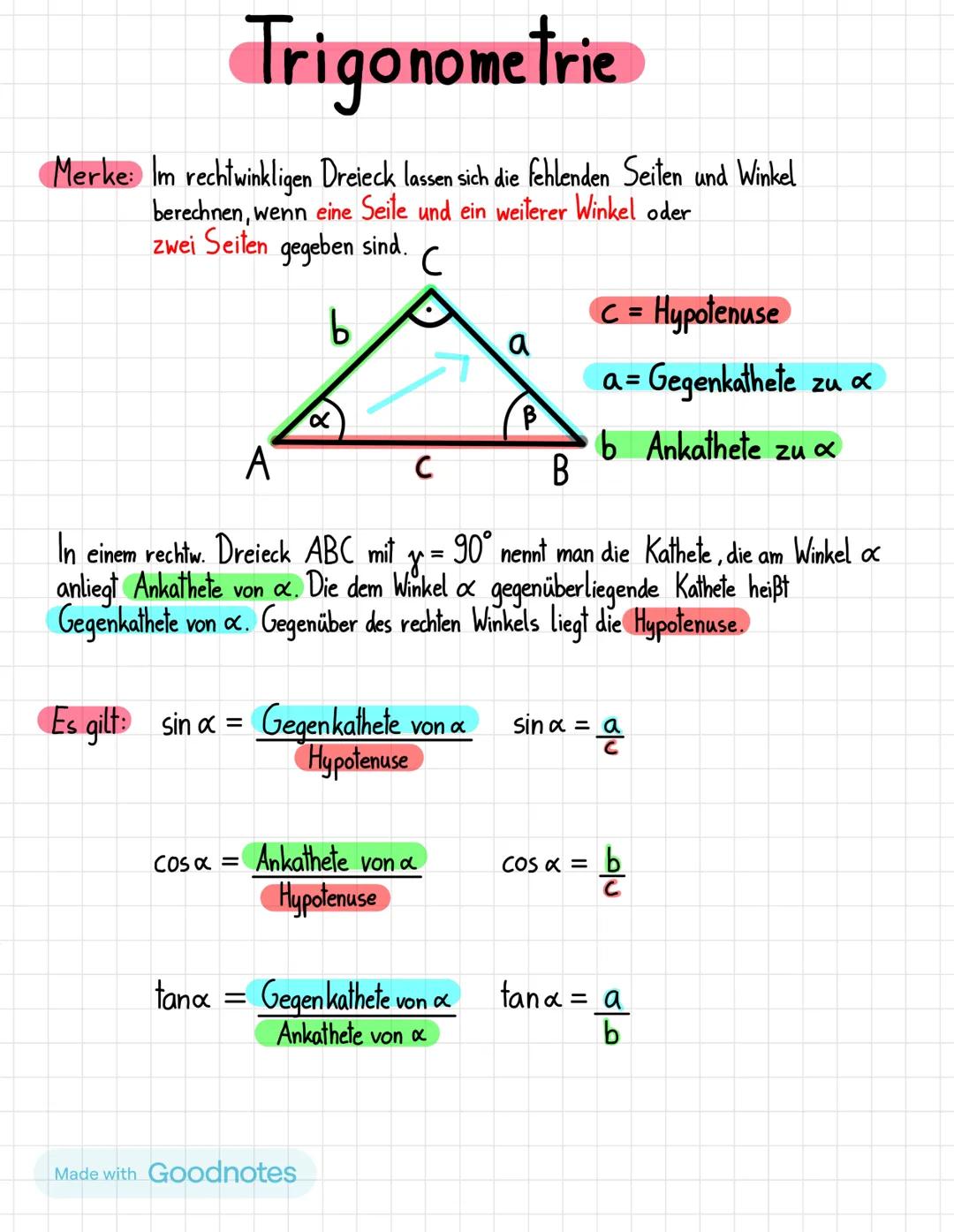 # Trigonometrie
Merke: Im rechtwinkligen Dreieck lassen sich die fehlenden Seiten und Winkel
berechnen, wenn eine Seite und ein weiterer Wi