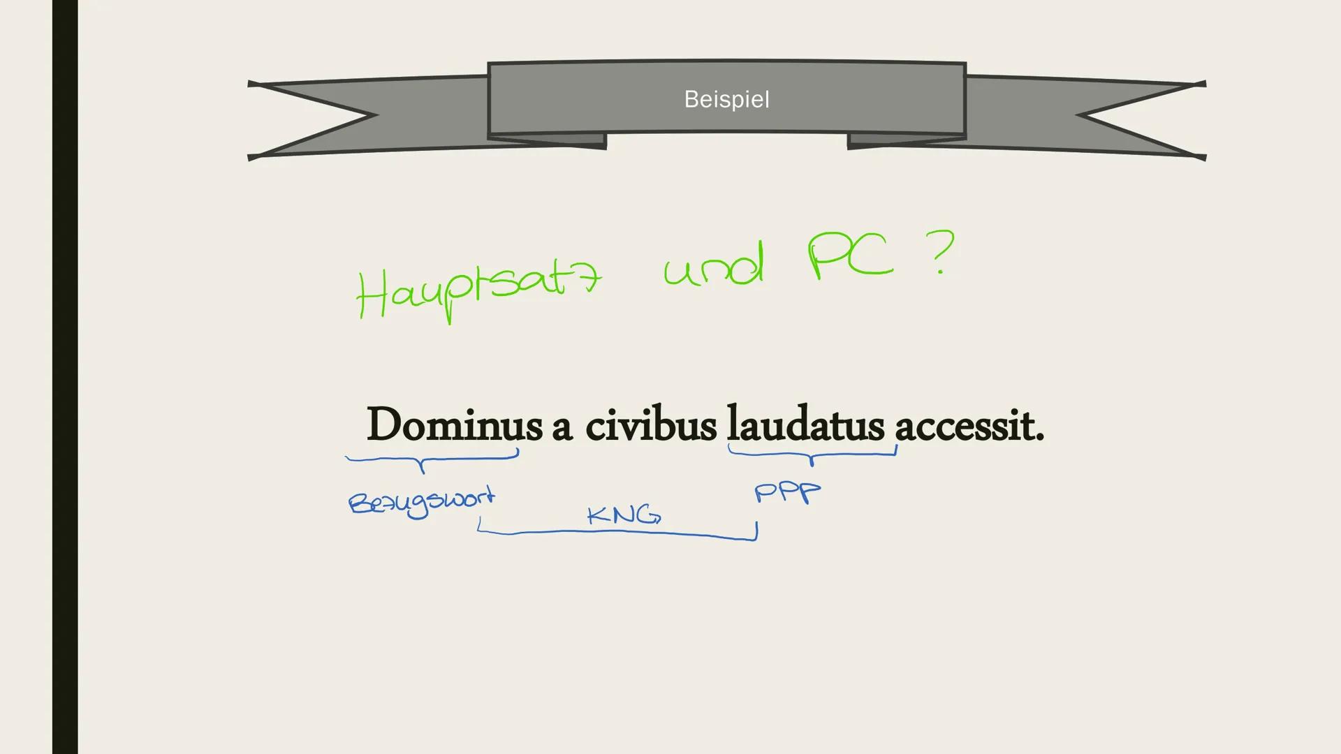 # PARTICIPIUM
# CONIUNCTUM
Auch bekannt als PC # Participium coniunctum
- „Verbundenes Partizip“
→ PPP, PPA
- Partizip im KNG mit einem No
