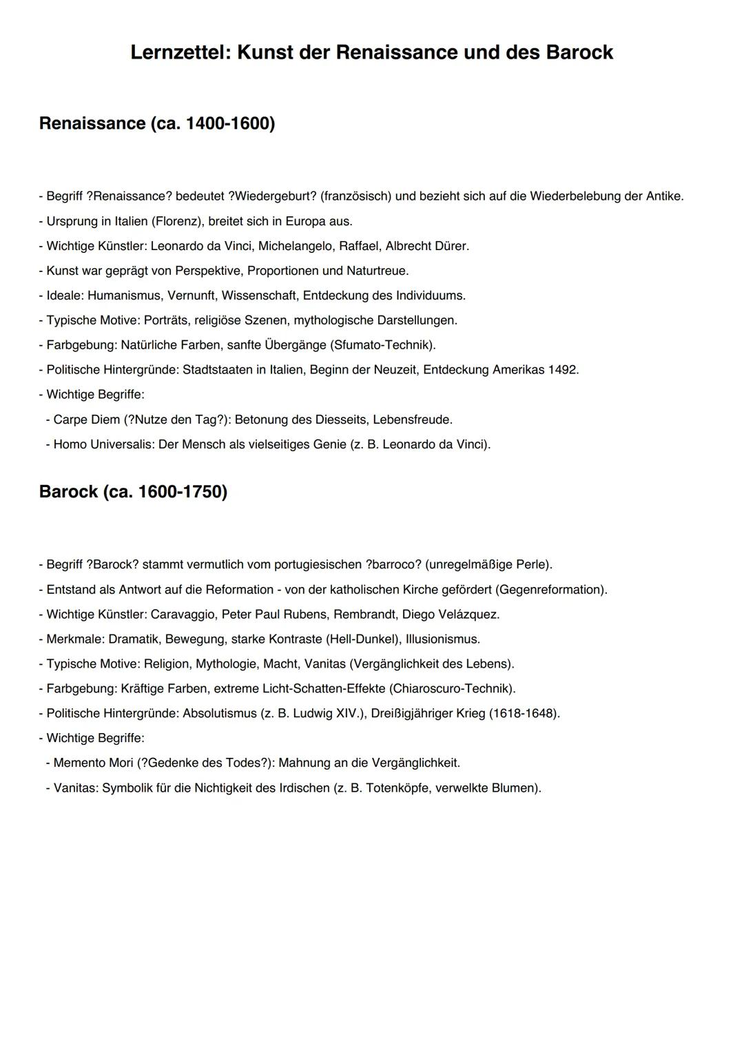 --- OCR Start ---
Lernzettel: Kunst der Renaissance und des Barock
Renaissance (ca. 1400-1600)
- Begriff ?Renaissance? bedeutet ?Wiedergebur