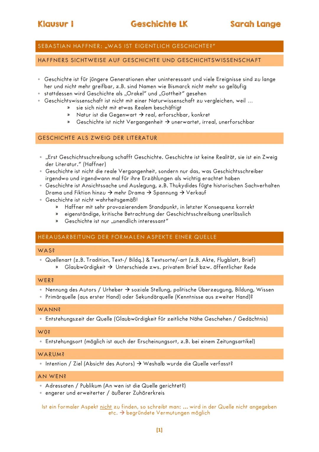 Klausur I
Geschichte LK
Sarah Lange
SEBASTIAN HAFFNER: „WAS IST EIGENTLICH GESCHICHTE?"
HAFFNERS SICHTWEISE AUF GESCHICHTE UND GESCHICHTSWIS