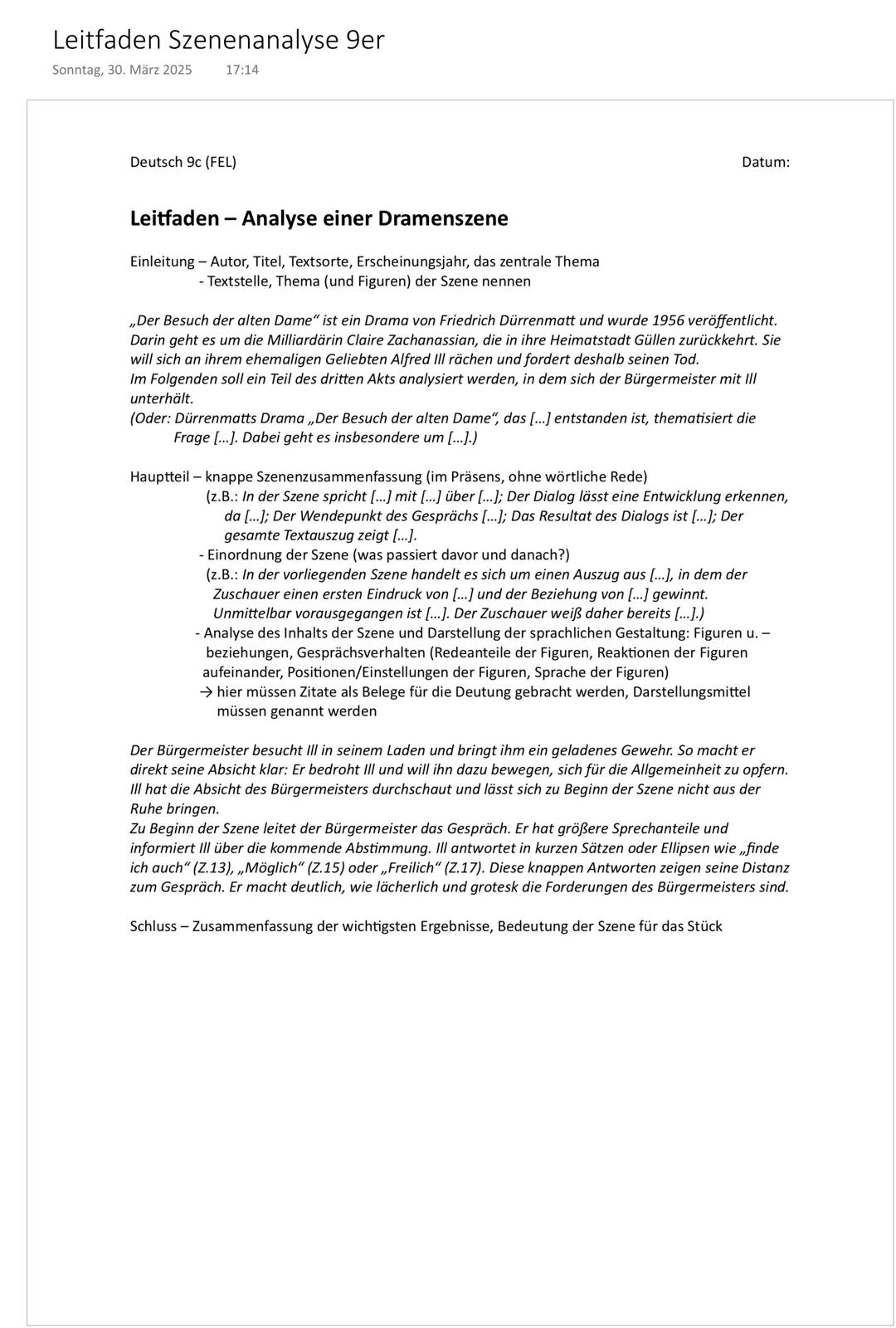 # Leitfaden Szenenanalyse 9er
Sonntag, 30. März 2025 17:14
Deutsch 9c (FEL)
# Leitfaden - Analyse einer Dramenszene
Einleitung - Autor, T