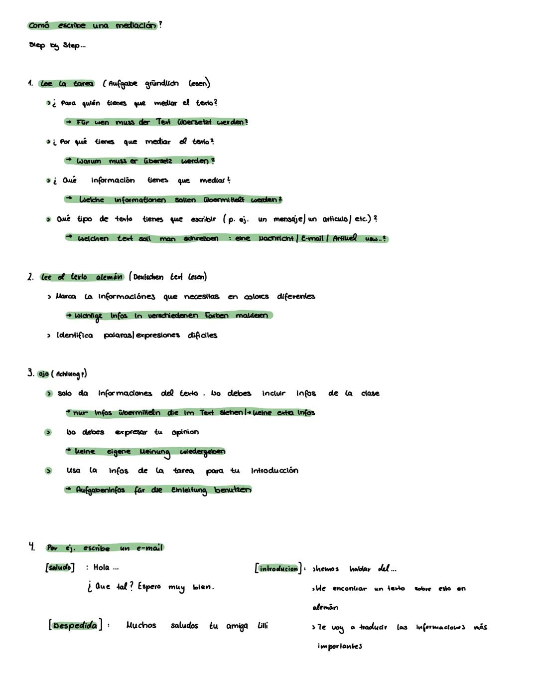 --- OCR Start ---
Como escribe una mediación?
Slep by Step...
1. Lee la tarea (Aufgabe gründlich (esen)
¿Para quién tienes que mediar el tex