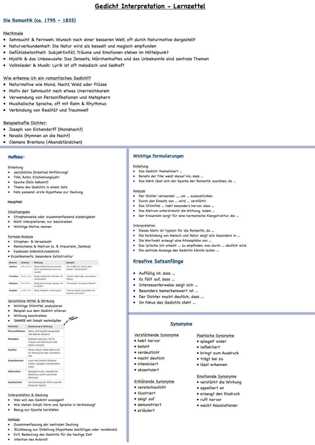 Interpretation romantisches Gedicht - Deutsch