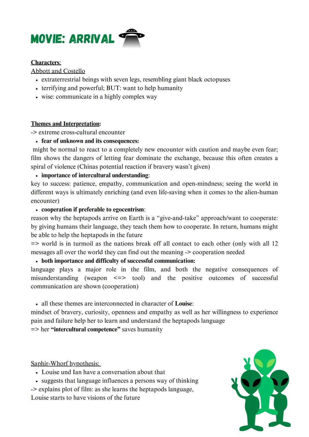 --- OCR Start ---
MOVIE: ARRIVAL
Genre: Science-fiction drama
Overall topic: deals with a linguist called Louise who is recruited to communi