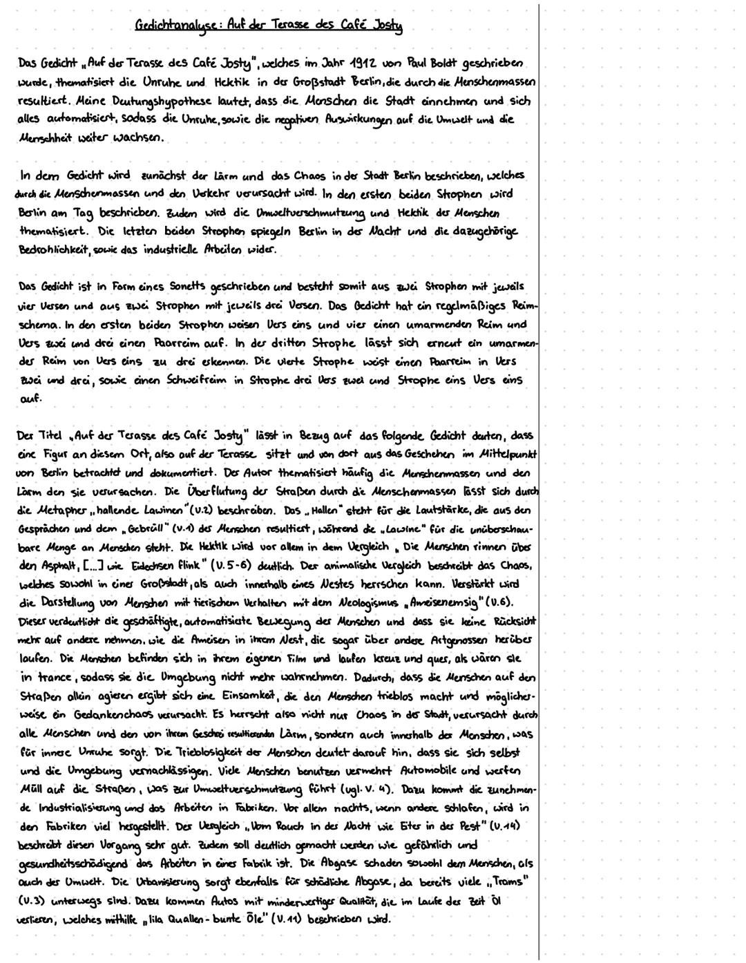 # Gedichtanalyse: Auf der Terasse des Café Josty
Das Gedicht, Auf der Terasse des Café Josty", welches im Jahr 1912 von Paul Boldt geschrie